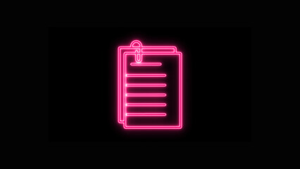 A vibrant neon document icon with multiple lines of text, representing official files and important data for digital interfaces, isolated on black background.