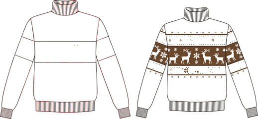 White Knitted Christmas Turtleneck Sweater Technical Drawing Illustration with Brown Reindeer Fair Isle Pattern for Fashion Design Vector Flat Sketch © MDANWORUL