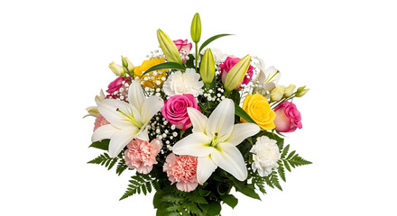 Vibrant bouquet of lilies, roses, and babys breath on white background