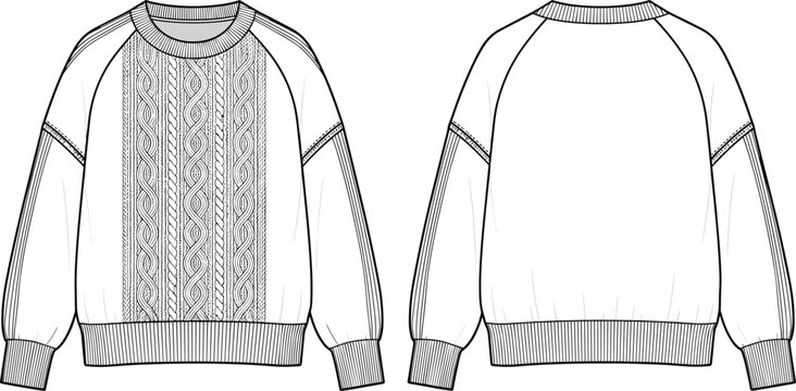 White cable knit sweatshirt vector illustration with raglan sleeves and ribbed cuffs, front and back view fashion technical flat sketch.