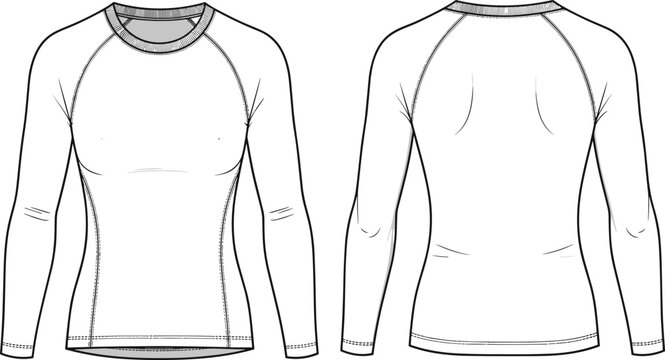 White Women's Long Sleeve Rash Guard Technical Drawing Illustration for Athletic Swimwear and Sportswear Fashion Design Vector Flat Sketch Template