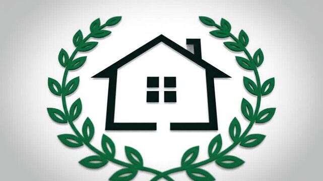 A simple house silhouette encased in a green laurel wreath on a white, gradient background