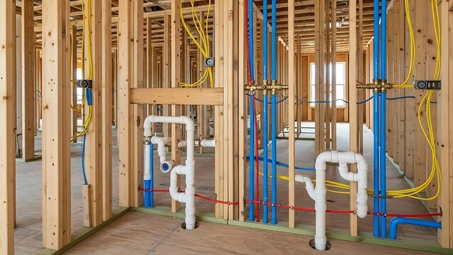 Professional Plumbing Installation in New Residential Build with Color-Coded PEX Piping and Waste Water Management System Before Drywall