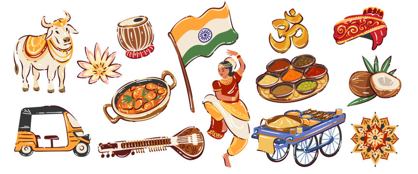 India culture travel icon set with traditional symbols, dancer, cow, lotus, spices, curry dish, street food cart, musical instruments, flag, festival elements, cartoon doodle vector illustration
