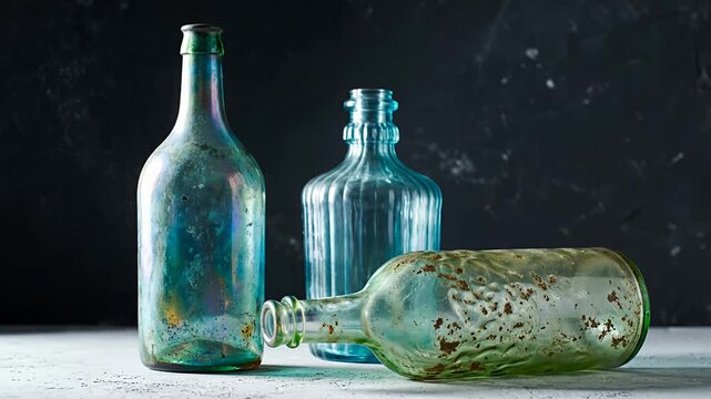 Collection of antique glass bottles with weathered patina