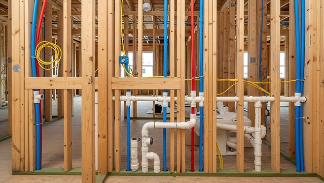 Residential Bathroom Rough-In Plumbing with PEX Water Lines and PVC Drainage Pipes in New Home Wood Frame Construction Site