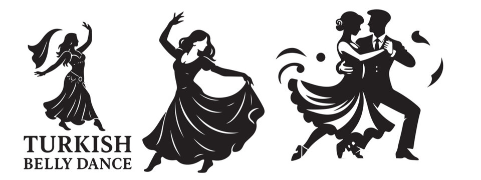 Elegant silhouette of a female Romani dancer in long dress, traditional flamenco dance.