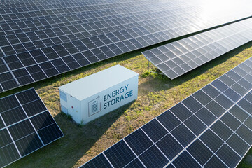 Aerial view of solar power station with energy storage © scharfsinn86