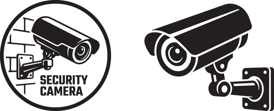 A black and white graphic illustration featuring two different styles of security cameras for surveillance and protection. Vector