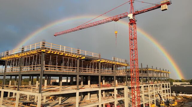 A construction site with a large red crane under a rainbow against a cloudy sky
