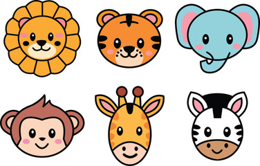 Obraz premium Cute kawaii wild animal face icon set featuring elephant, monkey, lion, zebra, and giraffe. Flat vector style isolated on white, perfect for nursery.