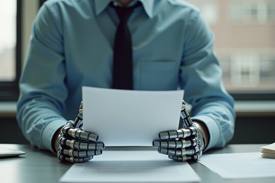 Humanoid Robot Close-up Holding Resume at Desk