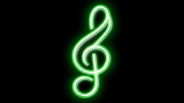 Neon treble clef glowing on black background for music and entertainment