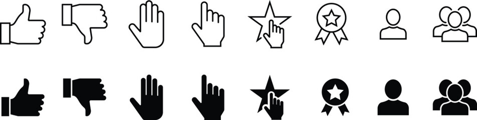 Obraz premium Thumbs up down hand pointer star medal and people line and solid symbol like dislike