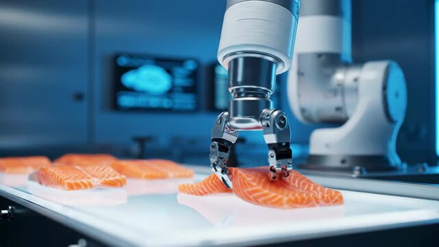 Robotic arm handling salmon fillets on a conveyor belt in a factory