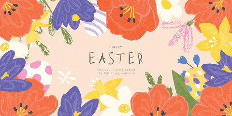 Obraz premium Horizontal Easter banner backdrop in artistic grainy texture style with border of spring flowers and decorated eggs for website header or seasonal marketing, vector illustration