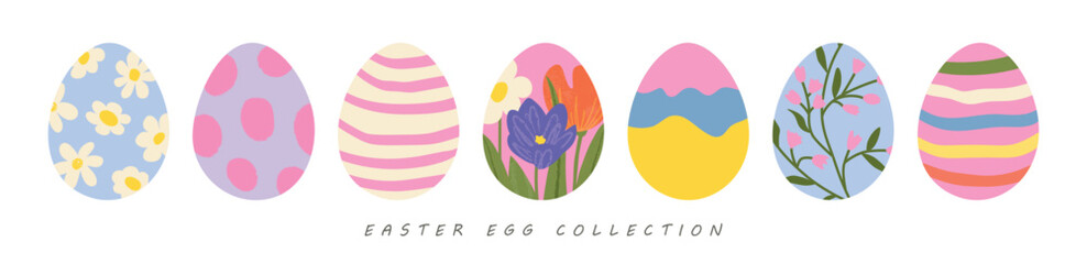Obraz premium Set of artistic Easter egg designs in a flat, modern style, featuring flowers and abstract patterns. Vector elements for holiday cards or posters.