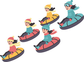 Naklejka premium Group of Happy Children Snow Tubing Down a Winter Hill for Outdoor Activities, Cold Weather Fun, Family Holidays, and Seasonal Vector Illustration