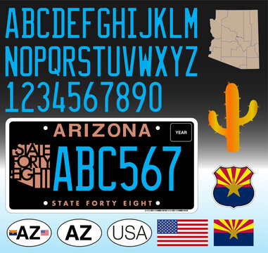 Arizona State special car license plate pattern State Forty Eight, letters, numbers and symbols, vector illustration, USA, United States of America