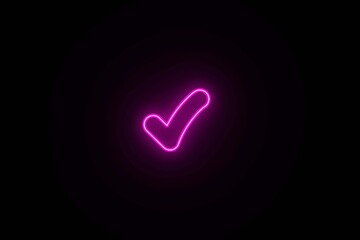 Neon glowing pink color check mark icon on black background. Neon Approval and success symbol. Neon tick mark select right correct confirm complete icon on dark background. Neon right sign. © MstBeauty