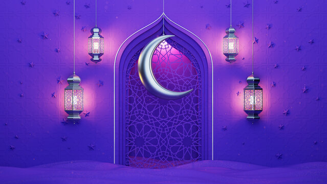 Violet Islamic interior with ornate window, hanging silver moon and lanterns background. Ramadan Kareem Islam backdrop with magic sparks. Holiday elegant concept.