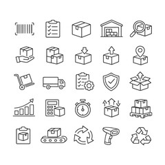 Logistics and shipping icon set with boxes, truck, warehouse, and barcode elements.