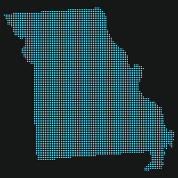 Missouri Light Blue Point Grid Map on Black: Kansas City AI Factories and Meta Clusters. Missouri state dotted map.