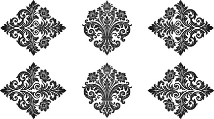 Vintage floral damask ornamental set, decorative baroque scroll motifs and elegant classic design elements isolated on white background © Sree