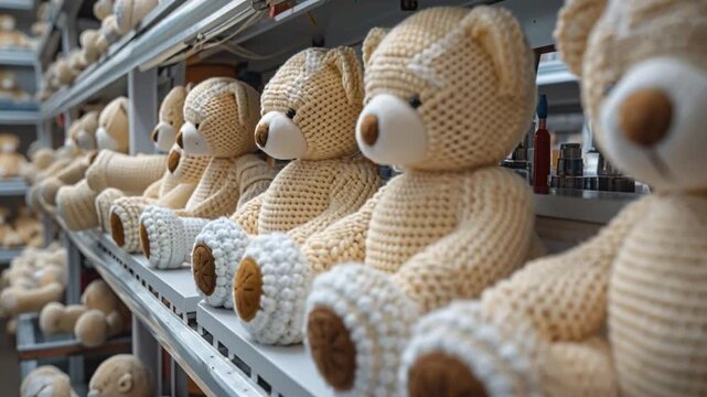 Intricately crocheted handmade teddy bears displayed wooden shelves cozy workshop, exuding warm atmosphere highlighting meticulous craftsmanship attention detail each lovingly created plush companion