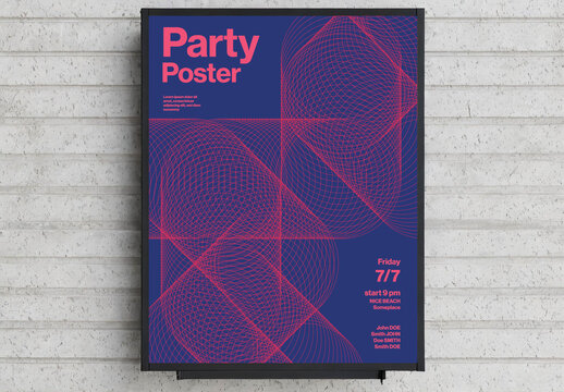 Funky Trippy Groovy Party Poster Template with Circular Line Mesh