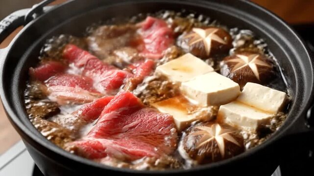 Delicious Sukiyaki Hot Pot with Sliced Beef, Tofu, and Shiitake Mushrooms Simmering in a Traditional Japanese Dish.