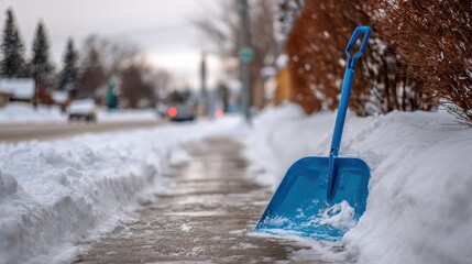 Blue plastic snow shovel stuck in a pile of snow on a sidewalk in a residential neighborhood