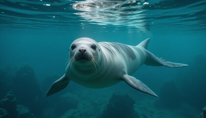 Obraz premium Curious seal swimming underwater with coral reef in background
