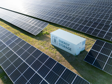 Aerial view of solar power station with energy storage
