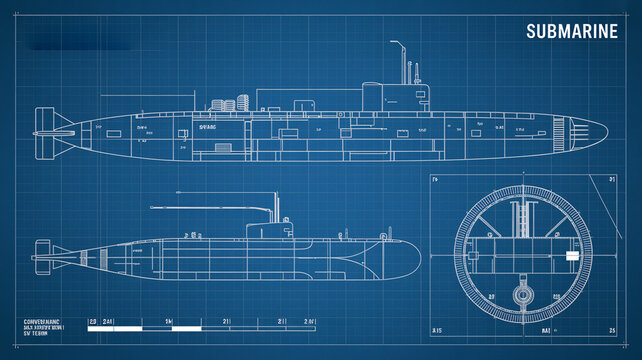 Detailed blueprint of a submarine with technical specifications