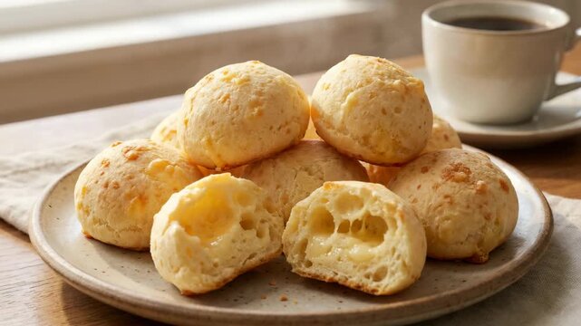 P&atilde;o de Queijo, traditional brazilian cheese bread, golden-brown mini buns video