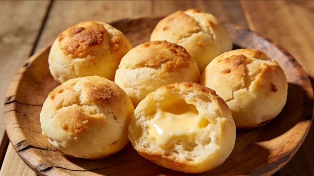 p&atilde;o de queijo traditional brazilian cheese bread golden-brown mini bun video