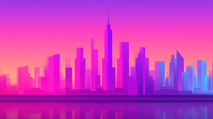 Obraz premium A vibrant digital illustration of a futuristic city skyline at sunset with tall skyscrapers reflected on calm water, rendered in shades of pink, purple, and orange.