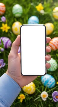 Hand holding a phone with easter eggs in the background