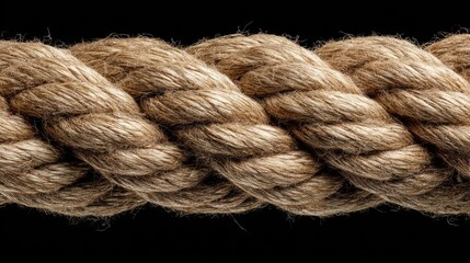 Close-up of thick twisted natural fiber rope isolated on black background