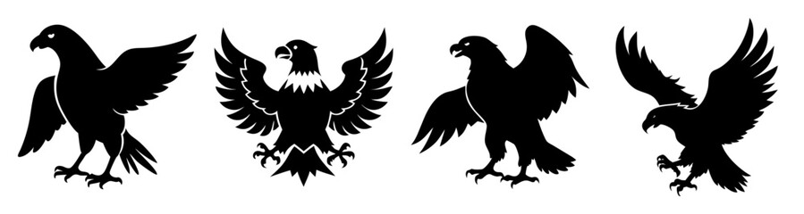 Fototapeta premium Four majestic black eagles flying in formation against white background, power and freedom symbol, minimalist vector illustration