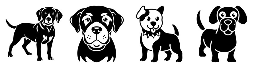 Five cartoon dogs sitting and standing in black and white vector illustration for pet lovers and animal themes
