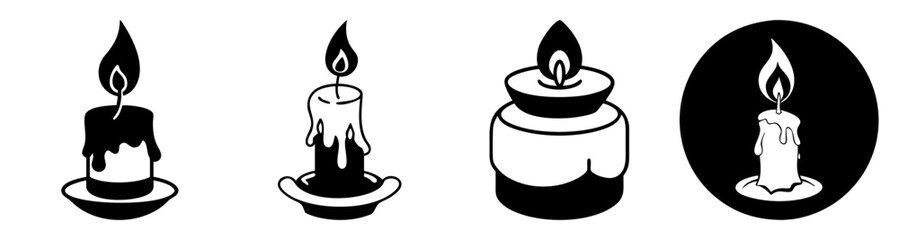 Obraz premium Set of three minimalist black and white candles with flames isolated on circular background vector illustration