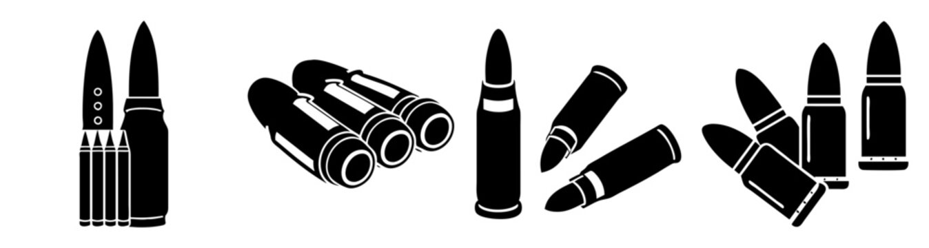 Set of black and silver bullets isolated on white background for gun ammunition safety concept