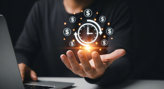 Time is Money Concept: A person is holding a clock surrounded by dollar signs, symbolizing the concept of time being equivalent to financial gain and prosperity.