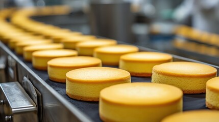 Fototapeta premium Industrial production line of freshly baked cheesecakes on a conveyor belt in a commercial bakery factory