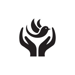 Obraz premium Black vector illustration of a bird flying out of cupped hands isolated on white background