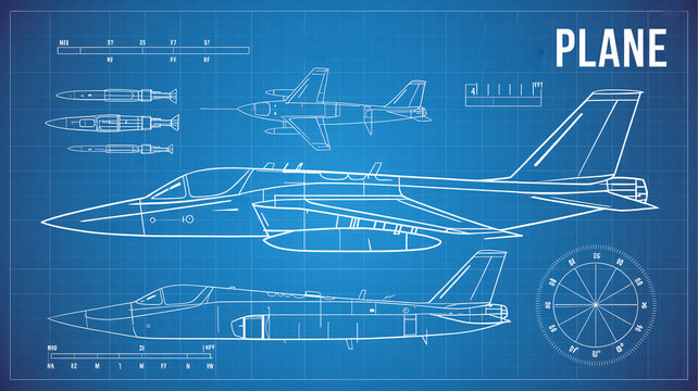 Detailed blueprint of a modern fighter jet with various views and components
