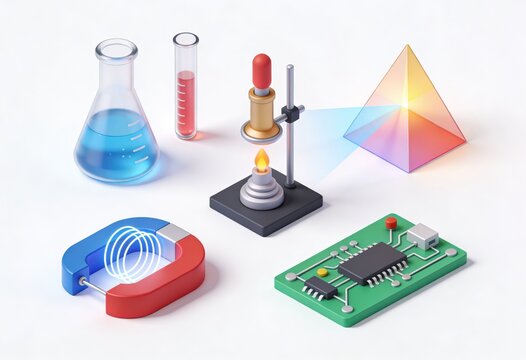 Innovative scientific instruments showcasing chemical experimentation and technological advancement highlighting a flask, test tubes, circuit board, magnet, pyramid, and flame ignitor