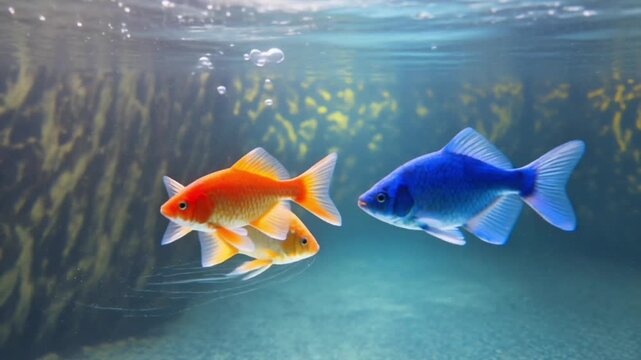 Vibrant goldfish swimming in clear aquarium water, colorful orange and blue fish in underwater tank, tropical aquatic life with bubbles and plants
